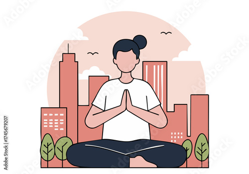 A serene woman practices yoga amidst a city skyline, embodying urban calm. Soft colors and a minimalist style create a peaceful, modern scene.