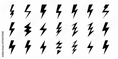 Collection of black lightning bolt icons and symbols on a white background