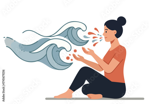A serene woman practices mindful breathing, visualized as water flowing from her mouth.  A calming, modern illustration promoting wellness and breath optimization.