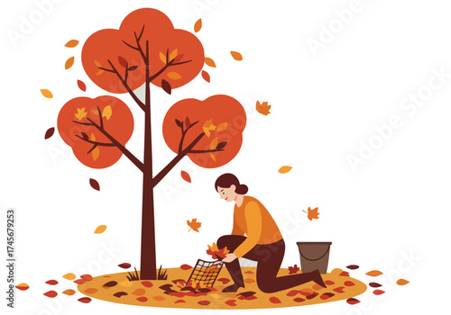 A woman collects fallen leaves in autumn, creating a beautiful fall scene. Warm colors and a cozy atmosphere evoke the season's charm. Perfect for seasonal marketing.