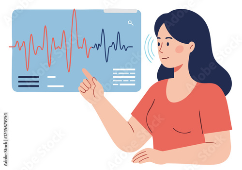 A woman analyzes a heart rate monitor on a tablet, conveying calmness and wellness. Modern digital interface, soft colors, and a focused expression.