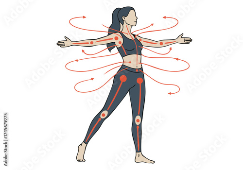 A woman in athletic wear demonstrates energy flow with swirling lines around her body. Illustrative style, promoting wellness and peak performance. Modern, vibrant, and dynamic.