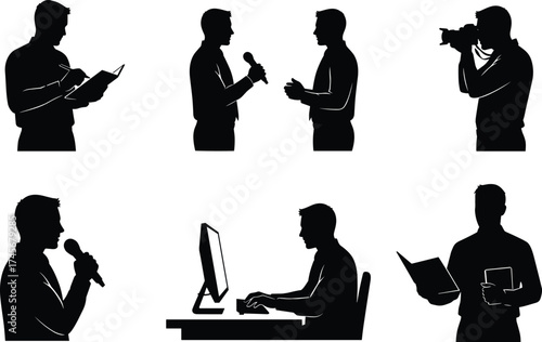 Professional business people silhouettes, communication teamwork, office work, journalism, photography, public speaking, media industry, corporate lifestyle, cad drawing flat vector illustration