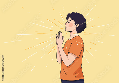 woman meditates with glowing energy radiating outwards She-s dressed casually conveying a sense of inner peace and positive energy Soft vibrant colors and a bright background