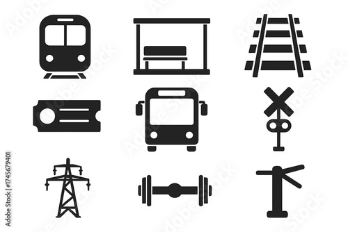 Transport and Public Transit Icons Set in Black Flat Style. Vector illustration with train, bus, railway, ticket, power line, and station symbols for transport, mechanism, travel concepts.