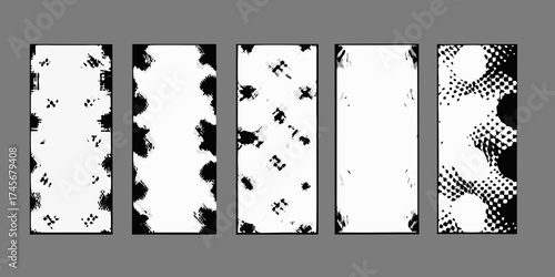 Abstract black and white vertical panels with textured grunge and halftone patterns