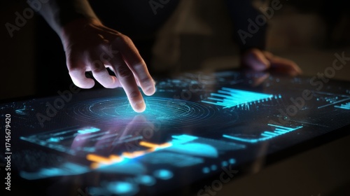 Ultra realistic image of holographic data visualization projected above a sleek table, person s hand interacting with glowing graphs in futuristic