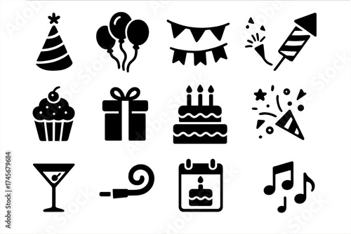 Party and Birthday Celebration Vector Icons Set with Balloons, Cake, Gift, Music, and Fireworks in Black Silhouette, Festive Symbols for Event Design and Invitation