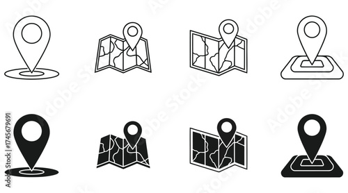 Vector art of set of location pin and map icons to represent navigation and direction