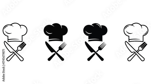 Vector art of set of chef hat and cutlery icons to represent cooking and cuisine