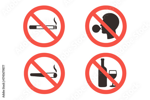 Set of anti-habit signs vector illustration with no smoking, no chewing gum, no cigar, no alcohol symbols in red prohibition circles, tobacco and addiction prevention icons