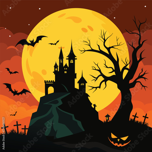 Spooky halloween castle silhouette on a hill under a giant full moon with bats and a creepy tree