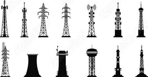 Telecommunication towers, transmission pylons, cooling towers, water towers, lighthouses, rocket 