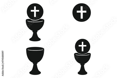 Black wine cup chalice with Christian cross symbol set, religious communion vector illustration, sacred Eucharist icon isolated on white transparent background, spirituality