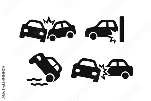 Set of black car crash simple icons on white background with transparent background, vector illustration, depicting collision, crash, accident, impact, and car damage signs