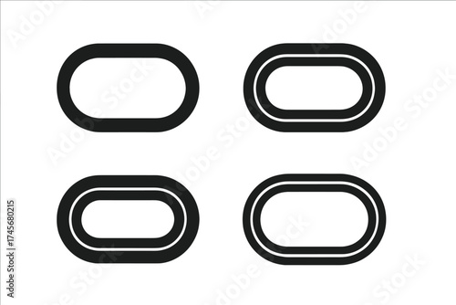 Minimalistic black hippodrome icon set on white background, vector illustration of oval racetrack shapes with transparent background, simple modern design for web and digital use, ordered variations