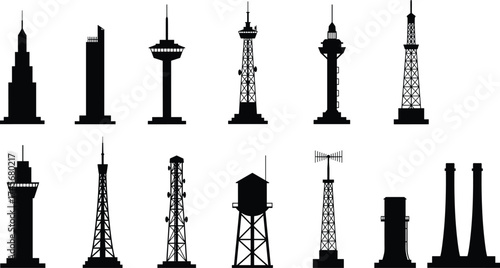Tower silhouettes, industrial structures, communication towers, observation towers, water towers, cooling towers, architectural landmarks, utility infrastructure, urban design, engineering elements