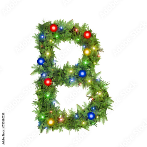 The letter B is decorated with green festive garland and colorful lights.