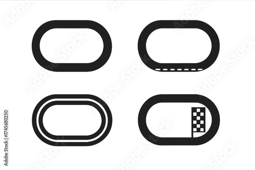 Minimalist black hippodrome racing track icons set on white background, oval horse racecourse vector illustration with transparent background, simple speedway design collection