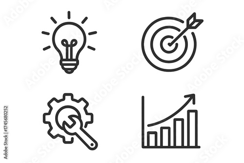 Vector business icons set with light bulb solution, target with arrow, gear and wrench for repair, growth chart with increasing bars, concept innovation, goal achievement, maintenance, success
