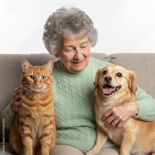 Senior Woman Enjoying Companionship with Her Cat and Dog