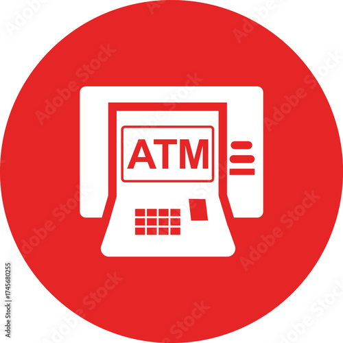 White ATM machine icon with keypad and screen on red circle background automated teller machine