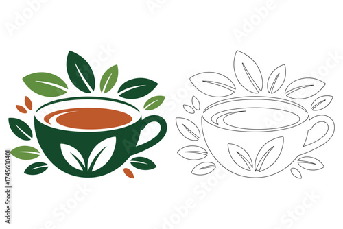 Green tea cup with fresh leaves artistic design herbal beverage refreshment silhouette
