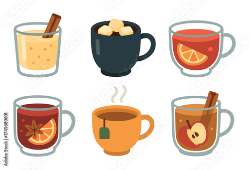 Variety of warm beverages with spices and fruits in mugs