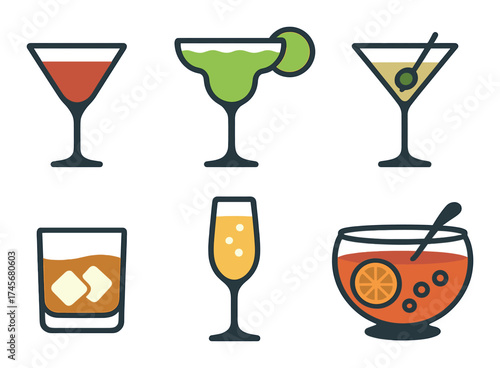 Colorful cocktail illustrations featuring martini, margarita, and punch glasses