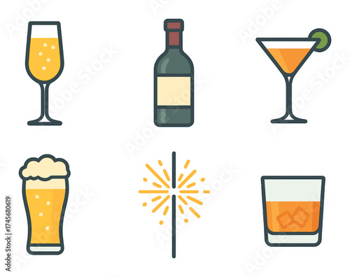 Colorful icon set of various alcoholic drinks with sparkler on gradient background