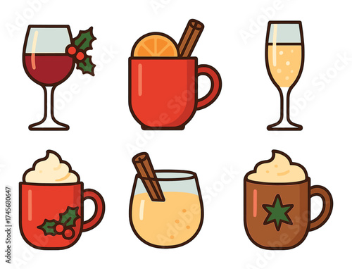 Festive holiday drink collection with mulled wine and hot cocoa