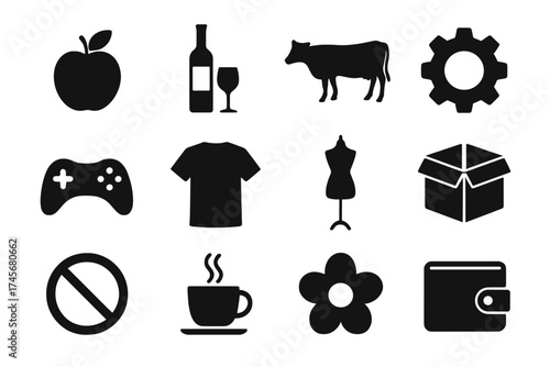 Alcohol bottle glass wine drink, cow animal livestock icon, atelier workshop gear, apple fruit symbol, industry tools icons collection vector illustration set with transparent background