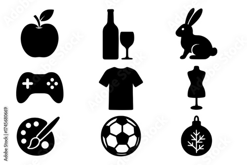 Black silhouette icons collection set of fruit, alcohol, animal, atelier, gaming, fashion, art, sports, and holiday decoration symbols in vector illustration style