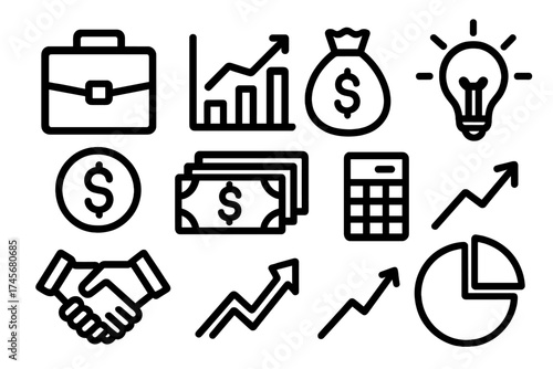 Business and finance vector icons set with briefcase, growth charts, money bag, calculator, handshake, light bulb, and pie chart, transparent background illustration