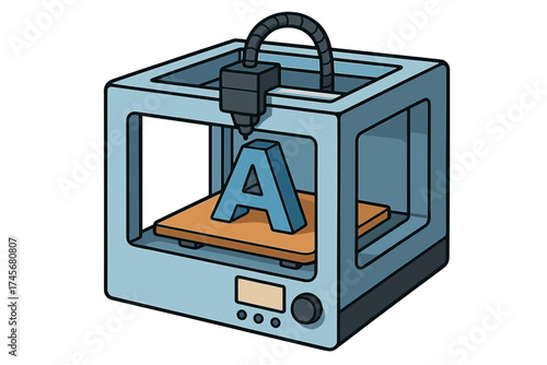 3D printer cartoon vector icon printing the letter A. Additive manufacturing, rapid prototyping, and engineering technology concept. Typography symbol stock vector illustration.