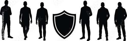 Security silhouettes, protection shield, defense team, safety concept, guard personnel, digital security, teamwork, protection symbol, law enforcement, secure system, safety illustration