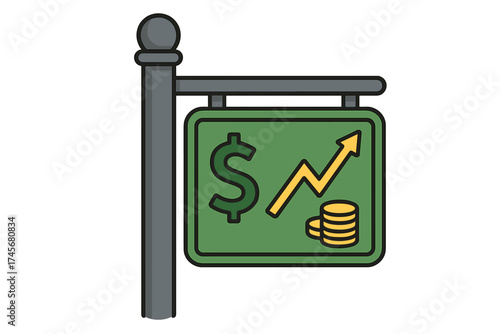 Economic growth and finance success concept. Signboard with dollar icon, rising arrow graph, and money coins. Business profit increase metaphor. Investment return vector sign.