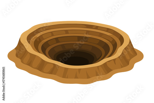 Open pit mine vector icon for mineral excavation. Cartoon quarry symbol for mining industry. Big hole in ground for ore and coal extraction. Industrial geology illustration.