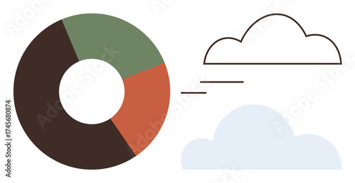 Colorful pie chart and two clouds, symbolizing analytics, data insights, statistics, strategy, forecasting, environment and research. Ideal for business presentations reports and dashboards. A