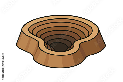 Open pit mine cartoon icon for mining industry. Vector symbol of a big quarry for mineral excavation. Hole in ground for resource extraction. Geology and industrial concept art.