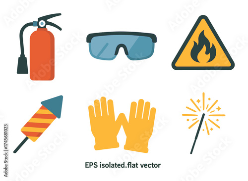 Fire safety equipment and warning icons with protective gear