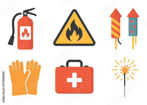Fire safety and emergency preparedness icons for fireworks and hazardous situations