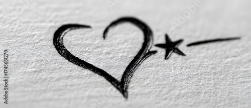 Hand Drawn Heart Shape with a Star Sketched in Black Ink on a White Paper