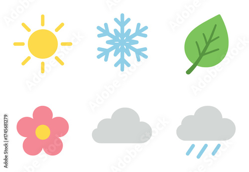 Colorful seasonal symbols representing weather and nature