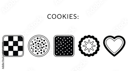 Vector art of collection of cookies, including checkered, heart, and star shaped cookies
