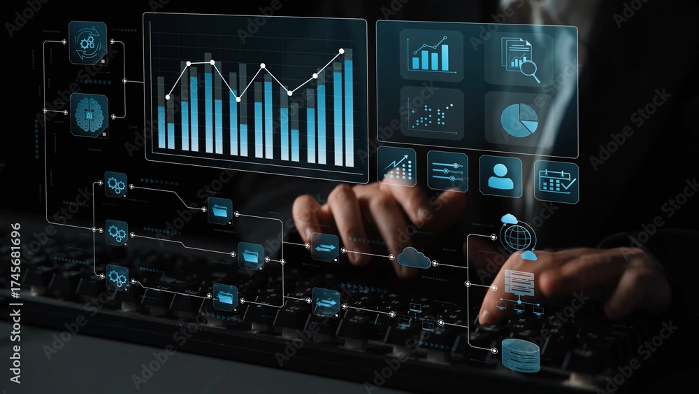 Fototapeta premium Data flow from database and cloud to processing and analytics dashboards, representing data analysis, automation, insight generation, and digital intelligence Marrow