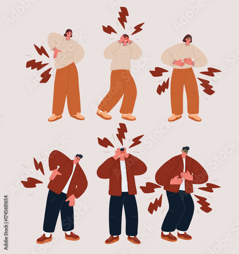 Cartoon vector illustration of a man and woman carrying invisible burdens as a metaphor for pain in back, head, and stomach