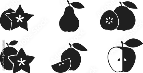 Silhouette fruit icons, starfruit pear kiwi lime apple, minimal vector design, healthy food illustration, black shapes, fresh organic produce art