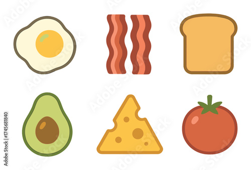Breakfast icons: fried egg, bacon, toast, avocado, cheese, tomato