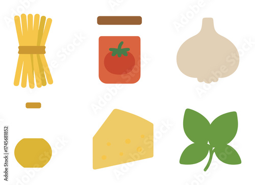 Glowing pasta ingredients with tomato sauce, garlic, olive oil, cheese, and basil